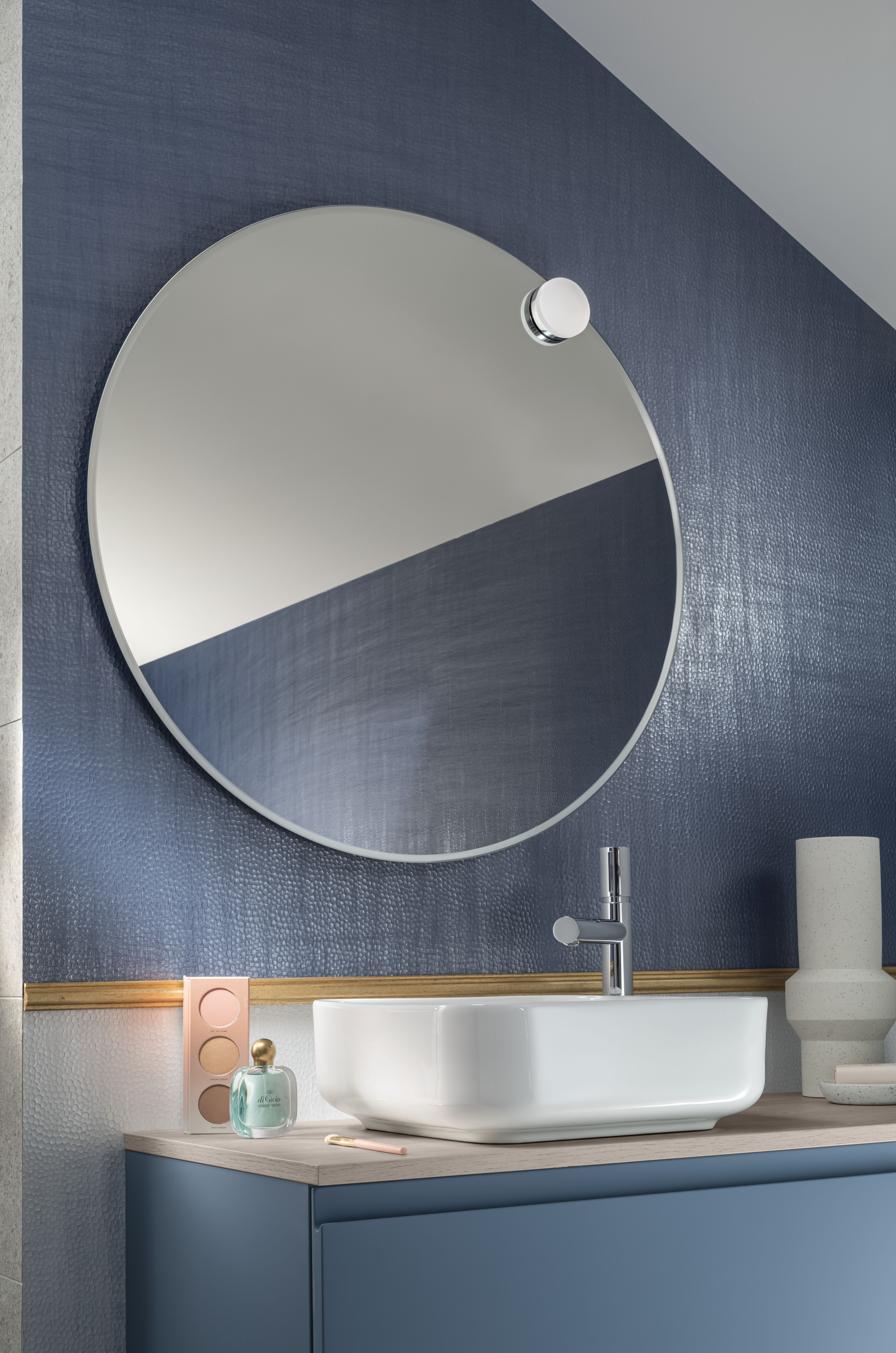 Miroir Rond + Salle de bains Velours Bleu horizon vert aloé mat 