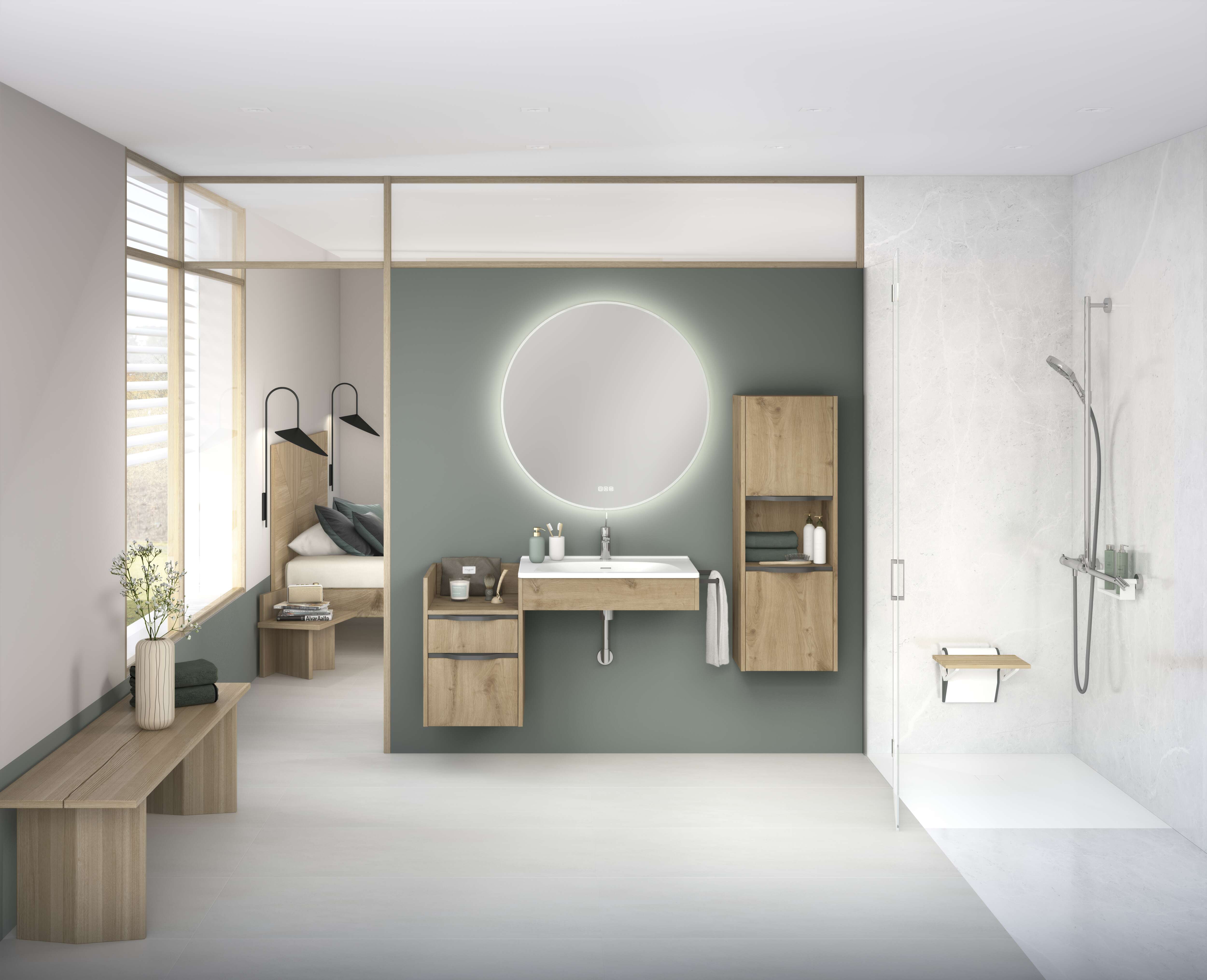 Salle de bains + Meuble salles de bains Delpha Delphy Astral 2 chêne ambré structuré