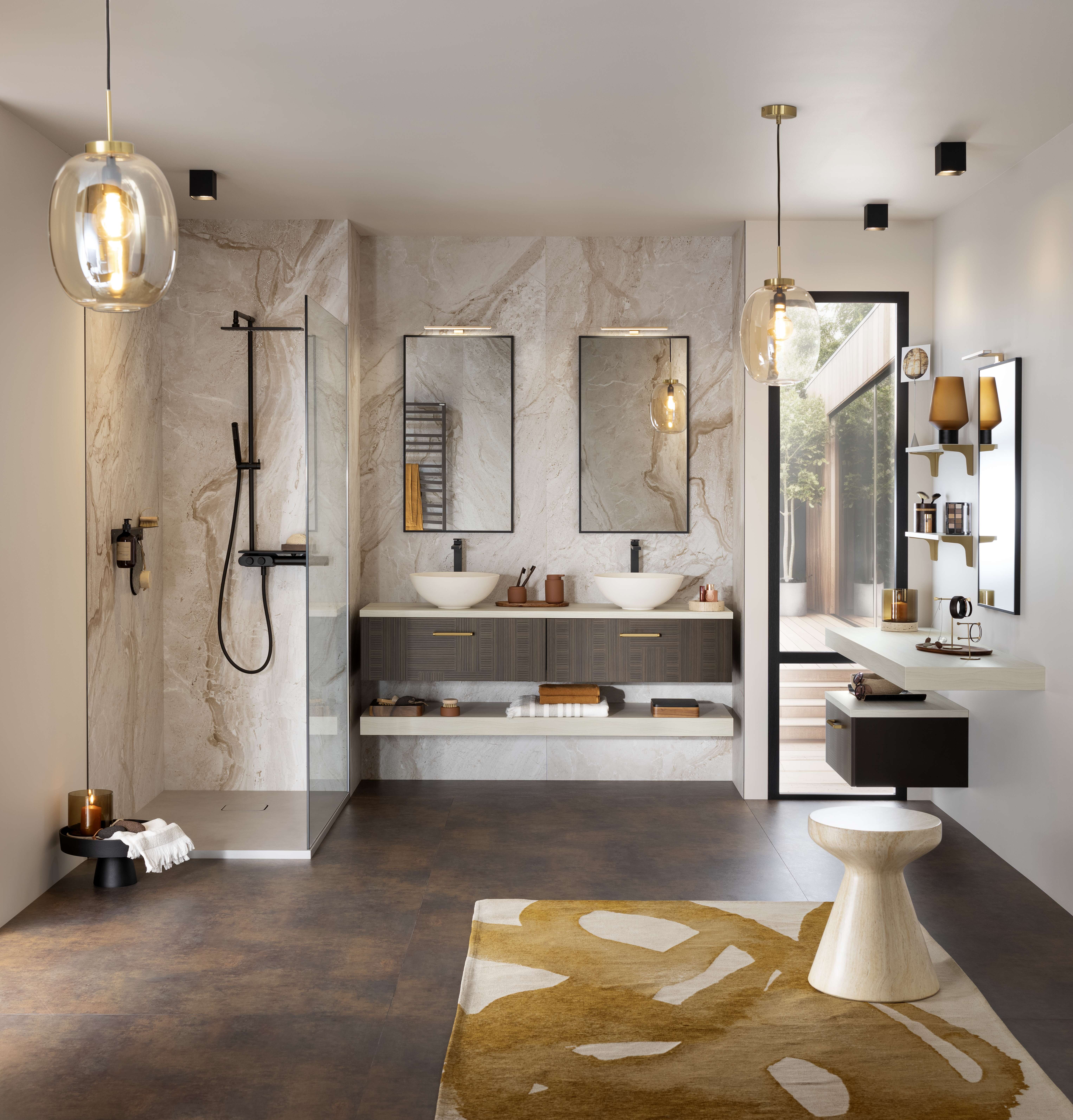 Salle de bains + Meuble salles de bains Delpha Unique Jiometori bois foncé