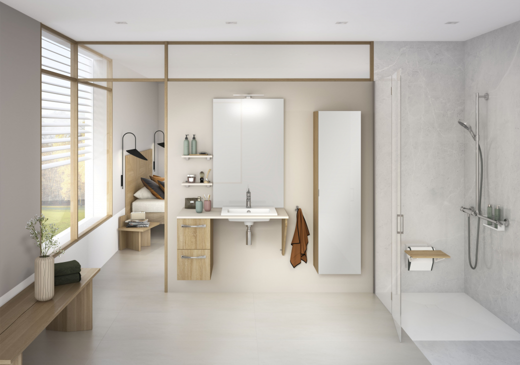 Salle de bains Delpha Personne à Mobilité réduite en chêne scié clair structuré 