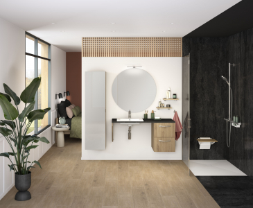 Salle de bains Delpha Personne à Mobilité réduite en chêne ambré structuré et grès noir structuré 